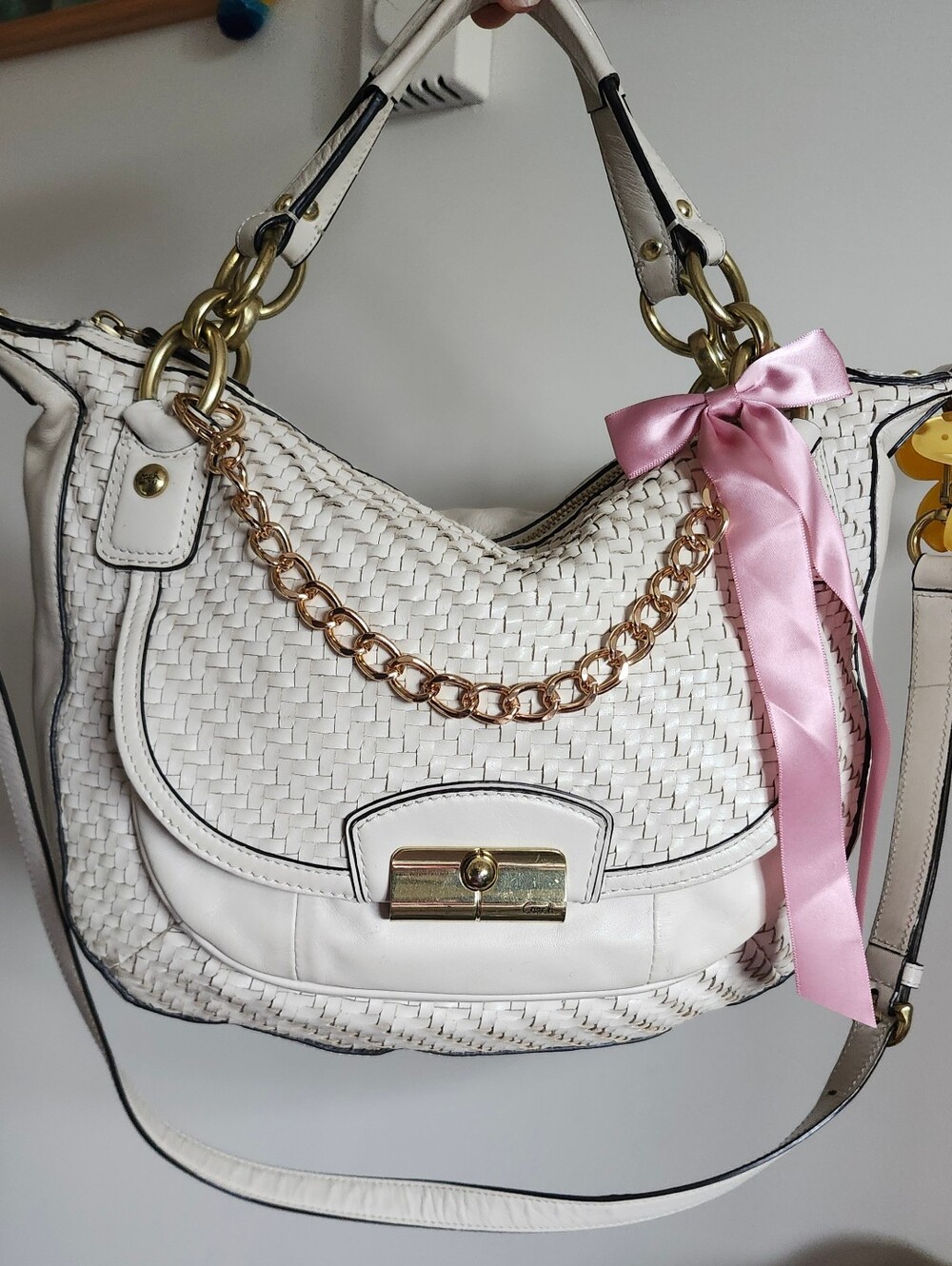 Coach Cream Woven Leather Shoulder Bag with Gold Hardware
